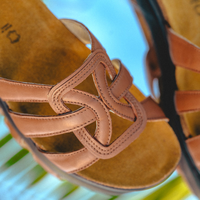 Women's Naot Liv Slide in Caramel Leather - Naot Flat Elegant Collection, Summer Slide