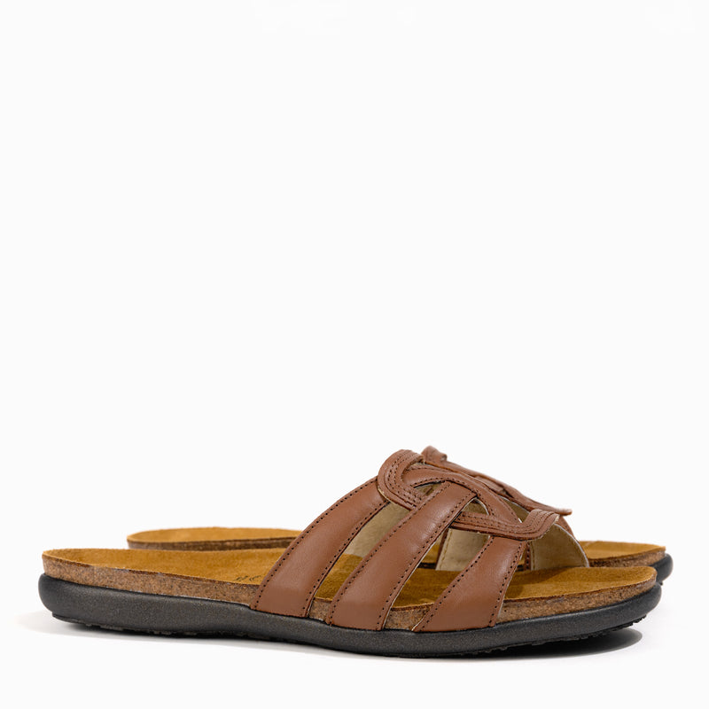 Women's Naot Liv Slide in Caramel Leather - Naot Flat Elegant Collection, Summer Slide