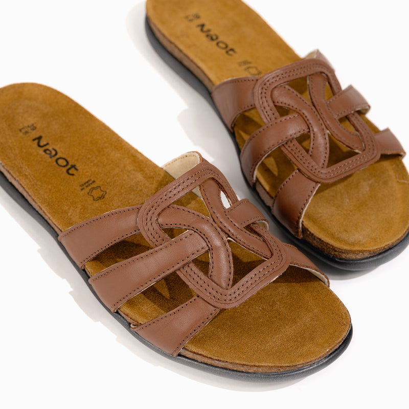 Women's Naot Liv Slide in Caramel Leather - Naot Flat Elegant Collection, Summer Slide, flat sandals