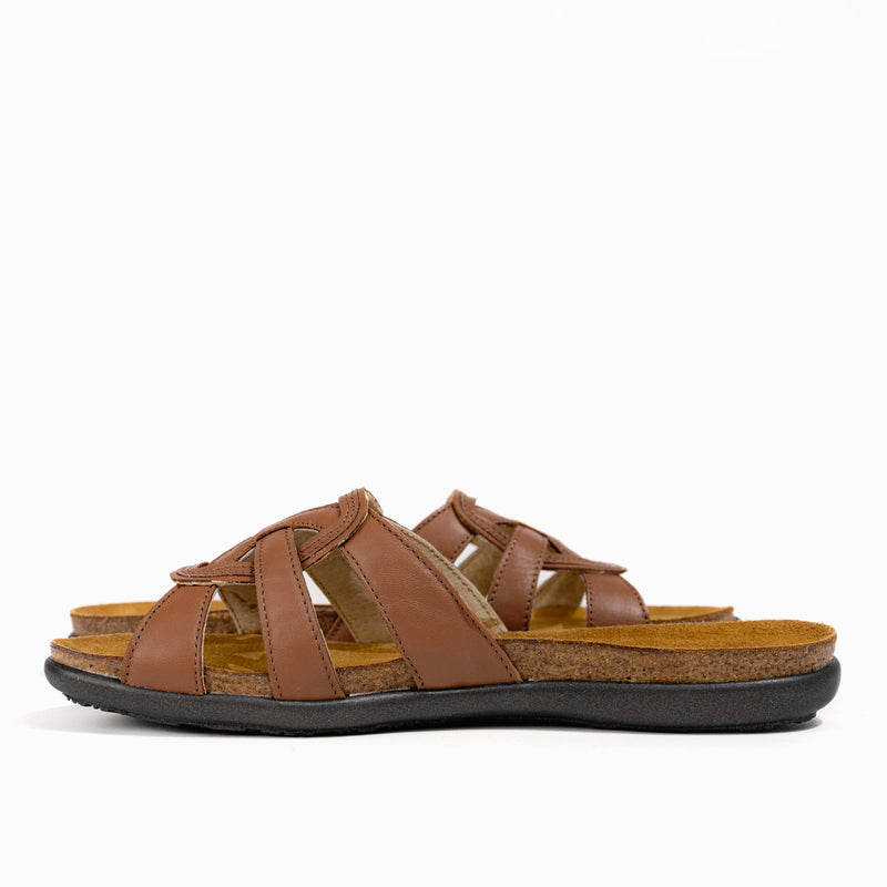 Women's Naot Liv Slide in Caramel Leather - Naot Flat Elegant Collection, Summer Slide, flat sandals