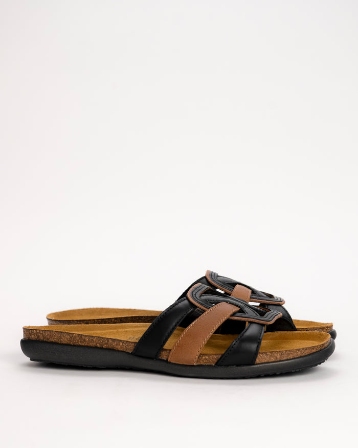Women’s Naot Liv Black/Latte brown leather slide sandal side view on white background