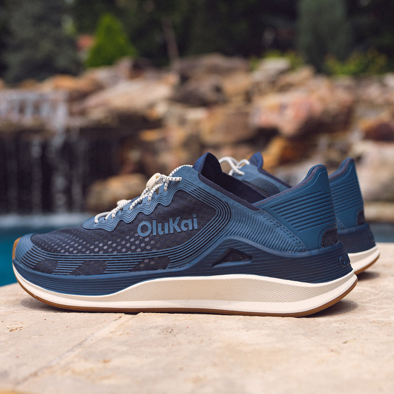 Men's Olukai 'Ahi Performance Marine Shoe in Mood Indigo/Coastal Blue, water-ready quick-drying slip-on shoe
