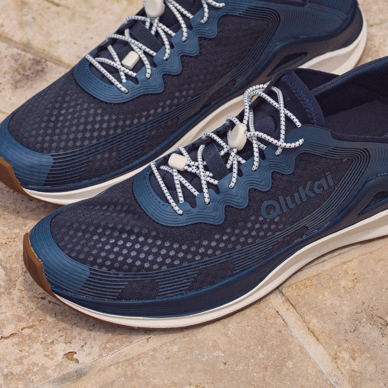 Men's Olukai 'Ahi Performance Marine Shoe in Mood Indigo/Coastal Blue, water-ready quick-drying slip-on shoe