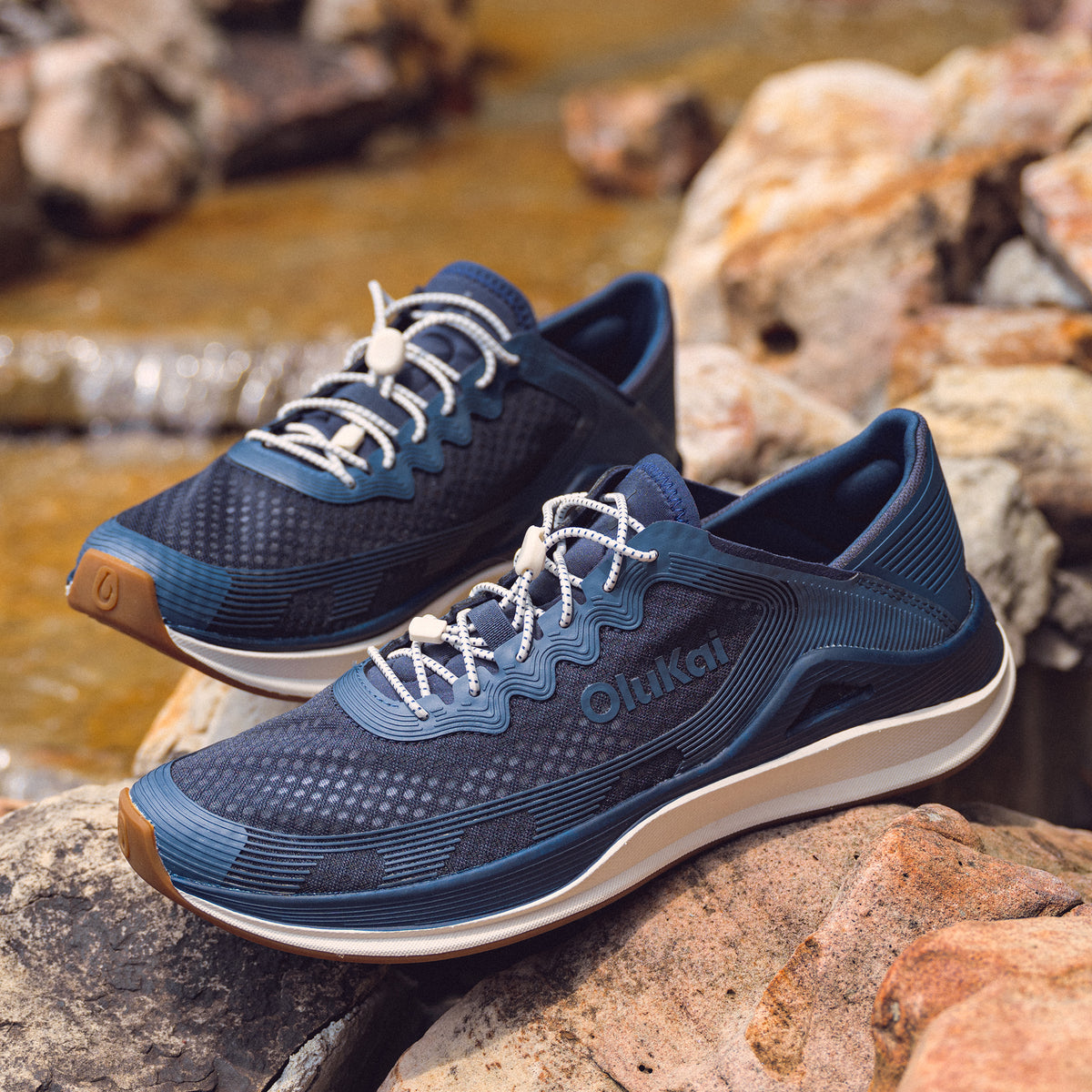 Men's Olukai 'Ahi Performance Marine Shoe in Mood Indigo/Coastal Blue, water-ready quick-drying slip-on shoe