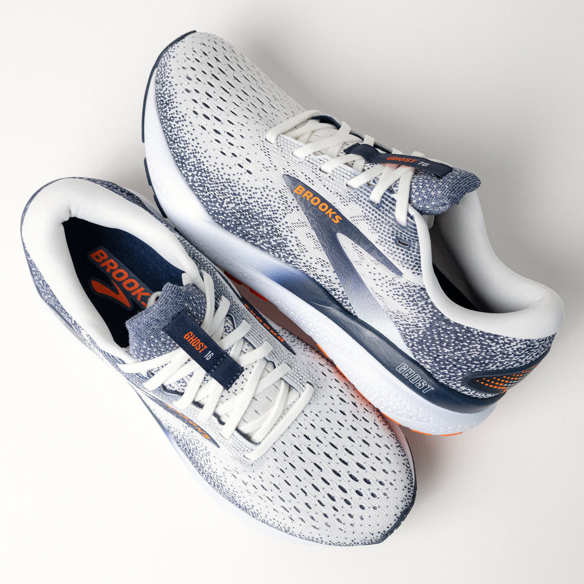 Top view of Brooks Ghost 16, highlighting the breathable mesh upper and secure lace-up closure.