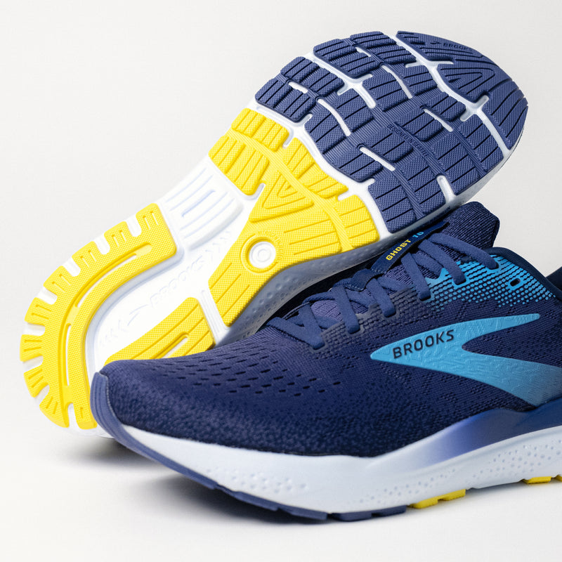 Sole view of the Brooks Ghost 16, showcasing durable outsole designed for road running.