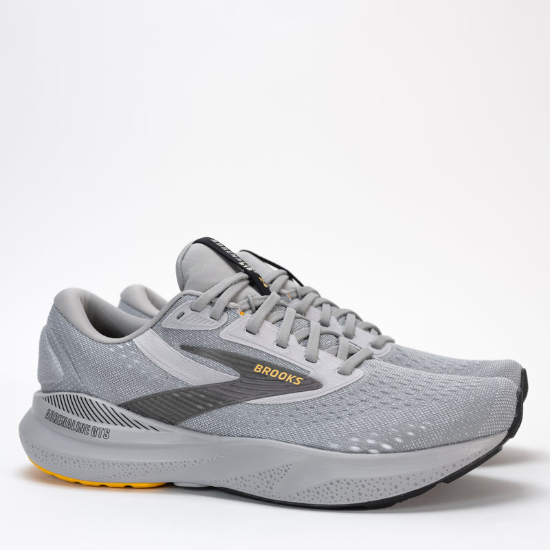 Front view of Brooks Adrenaline GTS 24 running shoes in Alloy Gray, showcasing lightweight cushioning and secure fit