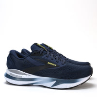 Front view of Brooks Adrenaline GTS 24 running shoes in navy blue, showcasing lightweight cushioning and secure fit