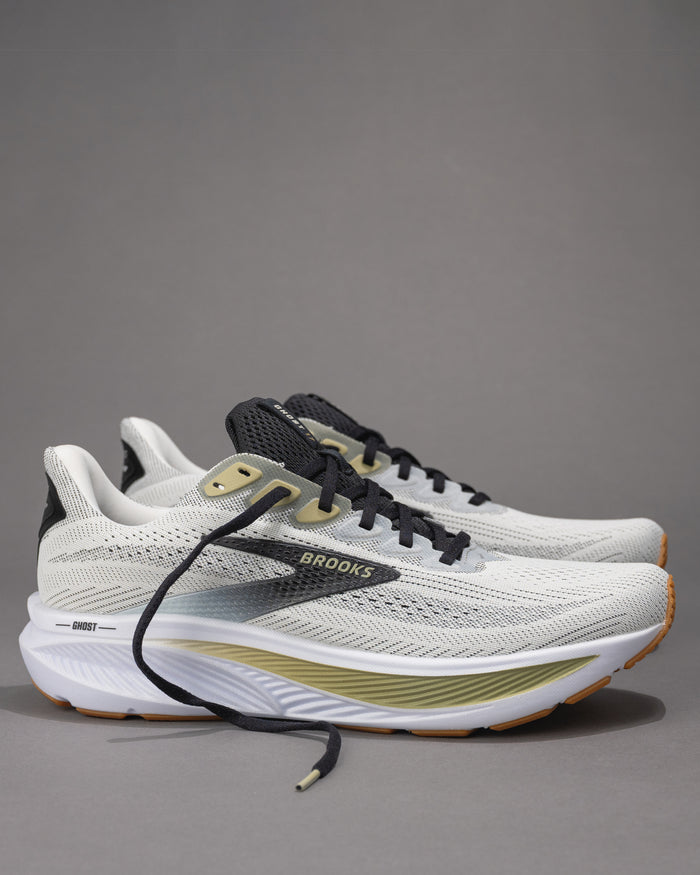 Men’s Brooks Ghost 17 – White/Tea/Black Neutral Daily Trainer with Extra Cushion