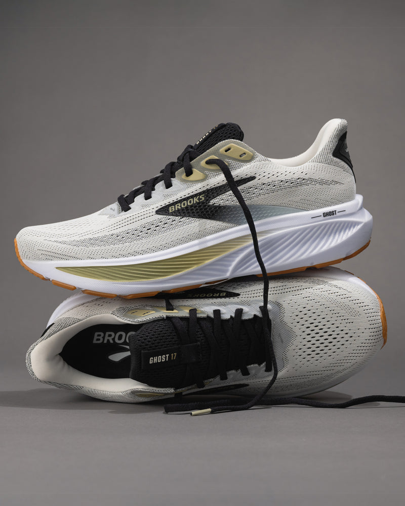 Men’s Brooks Ghost 17 – White/Tea/Black Neutral Daily Trainer with Extra Cushion