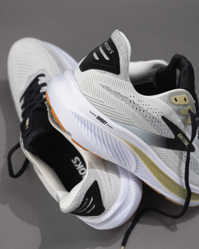 Men’s Brooks Ghost 17 – White/Tea/Black Neutral Daily Trainer with Extra Cushion