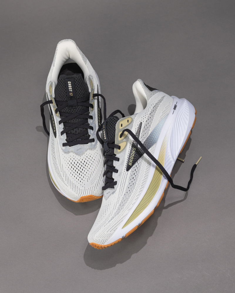 Men’s Brooks Ghost 17 – White/Tea/Black Neutral Daily Trainer with Extra Cushion