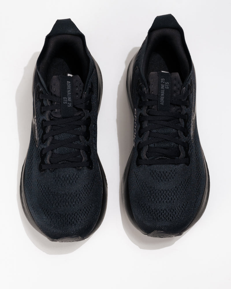 Top-down view of Brooks Adrenaline GTS 25 Black men’s running shoes showcasing wide toe box and breathable mesh design