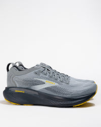 Men’s Brooks Adrenaline GTS 25 Primer Gray running shoe – angled side profile view showing GuideRails support and engineered mesh upper