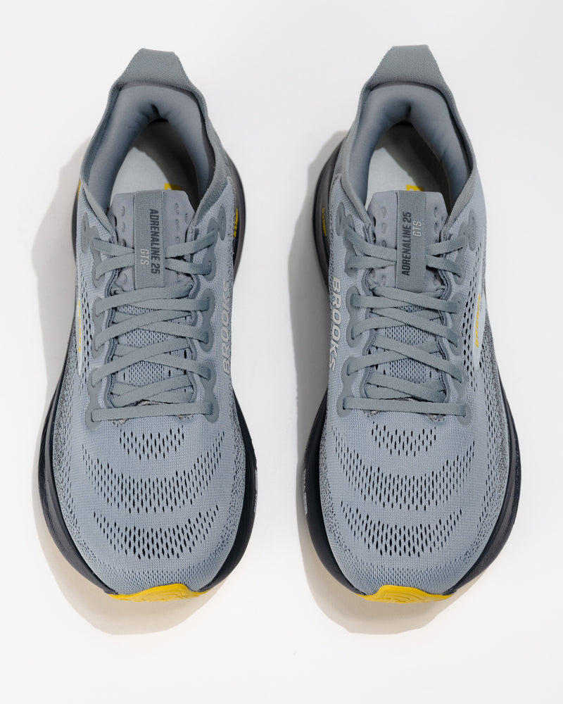 Top-down view of Brooks Adrenaline GTS 25 Primer Gray men’s running shoes showcasing wide toe box and breathable mesh design