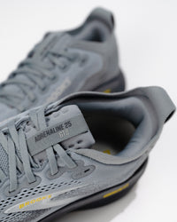 Close-up of Brooks Adrenaline GTS 25 logo and cushioned heel detail – men’s stability running shoe in Primer Gray colorway