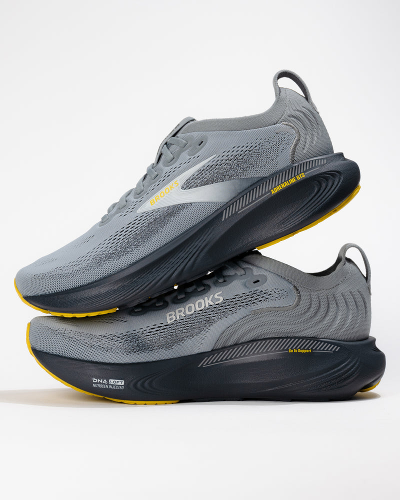 Men’s Brooks Adrenaline GTS 25 Gray running shoe – angled side profile view showing GuideRails support and engineered mesh upper