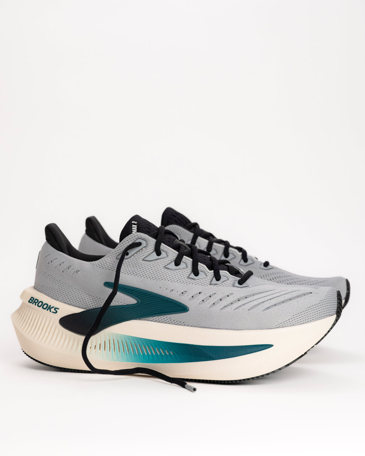 110479, Men's Glycerin Max 2 Cushioned Running Shoe in Mist/Atlantic Deep/Coconut. Gray colorway with dark teal and black accents.