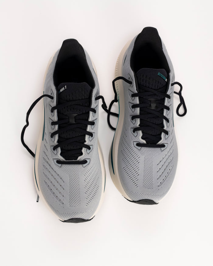 110479, Men's Glycerin Max 2 Cushioned Running Shoe in Mist/Atlantic Deep/Coconut. Gray colorway with dark teal and black accents.