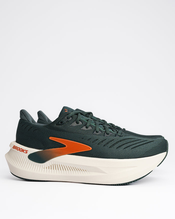 Men’s Brooks Glycerin Max 2 – Plush Neutral Running Shoe with GlideRoll™ Rocker in Dark Spruce / Bombay Brown / Clear and a thick cream-colored midsole, shown from a side profile on a light gray background.