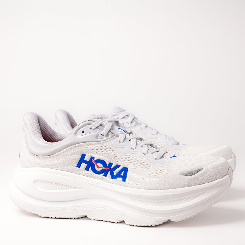 Side view of Men's HOKA Bondi 9 Running Shoe in Cosmic Grey and Ultramarine