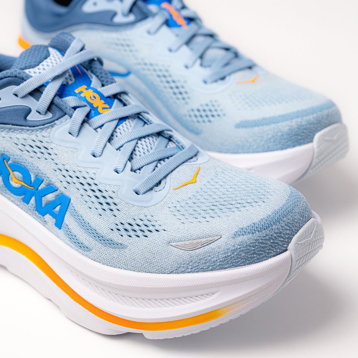 Close-up of the supercritical EVA midsole and breathable mesh upper on Men's HOKA Bondi 9