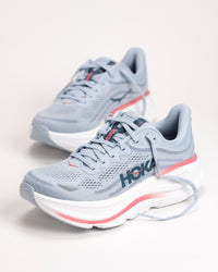 Angled shot of HOKA Bondi 9 Mineral/Wash Blue highlighting smooth MetaRocker™ geometry