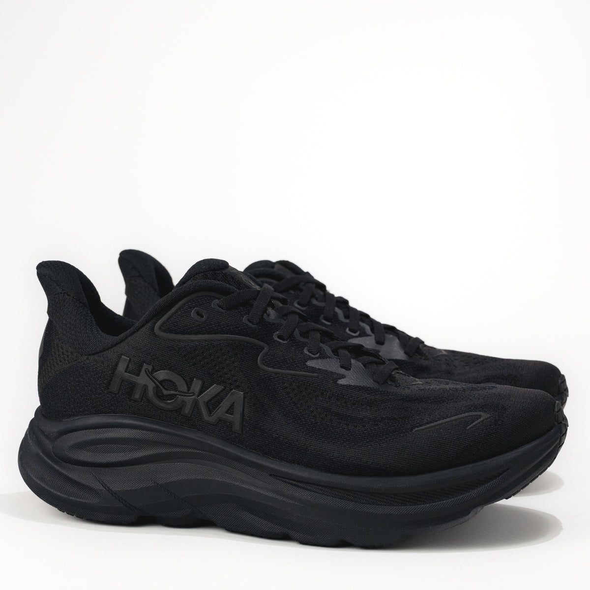 Black Hoka running shoes on a white background.
Men's HOKA Clifton 10 Lightweight Running Shoe in All Black