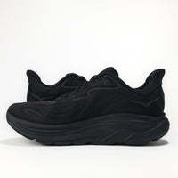 Black running shoes on a white background. 
Men's HOKA Clifton 10 Lightweight Running Shoe in All Black