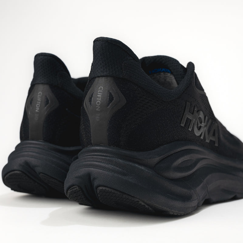 Black Hoka running shoes on a white background.
Men's HOKA Clifton 10 Lightweight Running Shoe in All Black