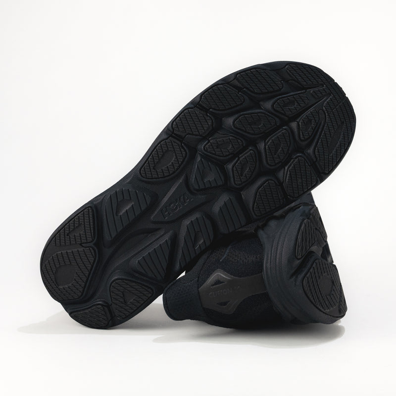 Black running shoes with sole pattern on a white background.
Men's HOKA Clifton 10 Lightweight Running Shoe in All Black