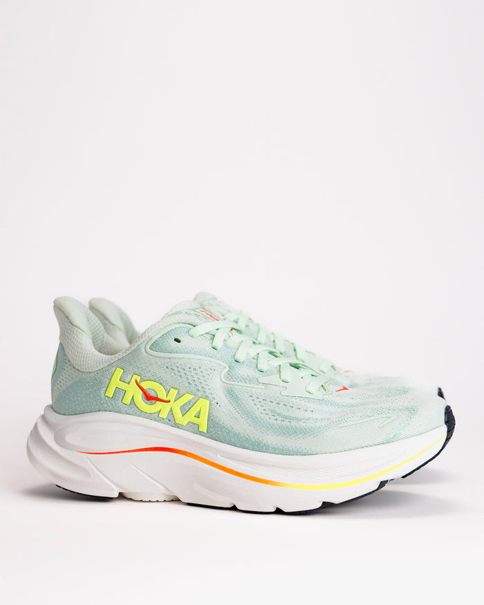 Women’s HOKA Clifton 10 in Sea Glass / Neon Flame - Lightweight Running Shoes 'Hoka' branding on a white background