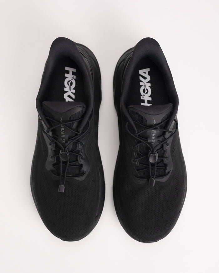 Top-down of HOKA Arahi SR breathable water-resistant mesh upper and toggle lace closure