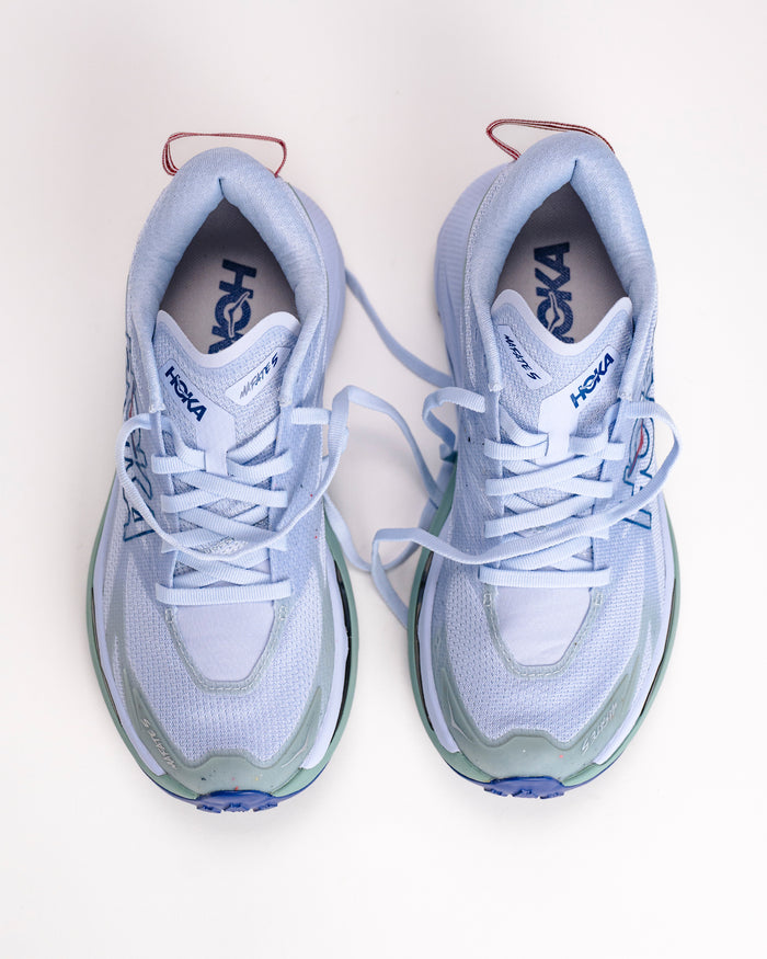 Pair of light blue Women’s HOKA Mafate 5 Max-Cushion Trail Running Shoes on a white background