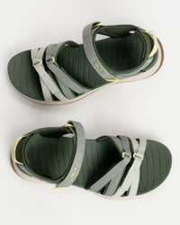Women’s Teva Tirra Sport Hiking Sandal - Modernized Trail Comfort in Seagrass / Green with Spider Rubber outsole for grip on wet surfaces. Quick dry webbing straps with hook and loop adjustment and extra padding on high-friction areas.