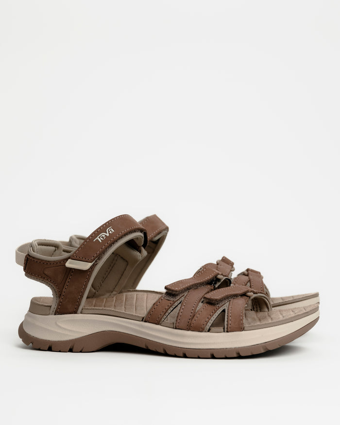 Women's Teva Tirra Sport Leather Hiking Sandal - Premium Multi-Terrain Support - Caribou / Brown. Great for rocky terrain and all-day travel walking.
