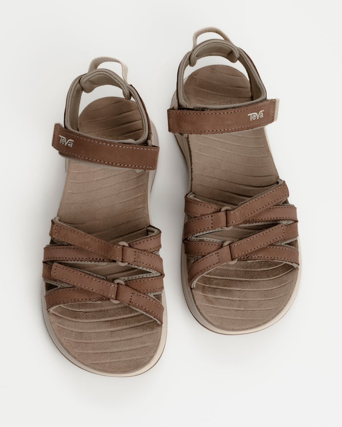 Women's Teva Tirra Sport Leather Hiking Sandal - Premium Multi-Terrain Support - Caribou / Brown. Great for rocky terrain and all-day travel walking.