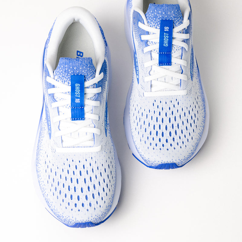 Top view of Women's Brooks Ghost 16, highlighting the breathable mesh upper and secure lace-up closure.