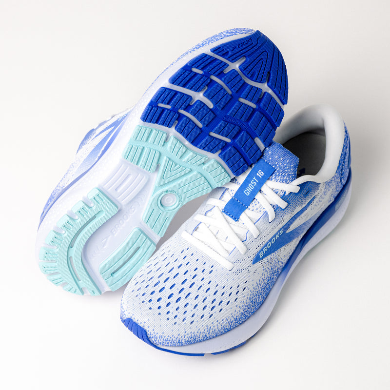 Sole view of the Brooks Ghost 16, showcasing durable outsole designed for road running.