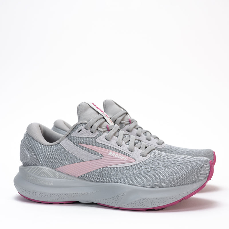 Women’s Brooks Adrenaline GTS 24 running shoe side view in gray Alloy, showcasing the nitrogen-infused DNA LOFT v3 cushioning and GuideRails® stability system.