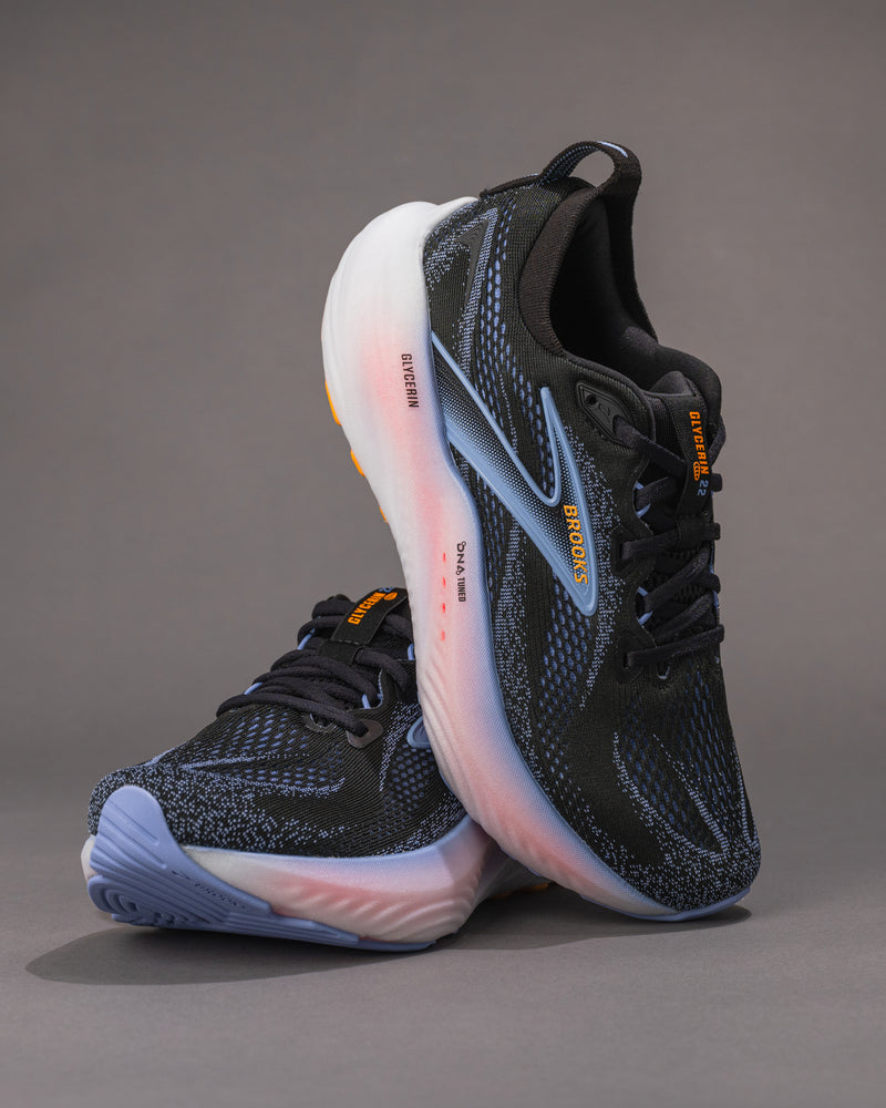 Women's Brooks Glycerin 22 Road-Running Shoe in Black / Blue Heron / Orange
