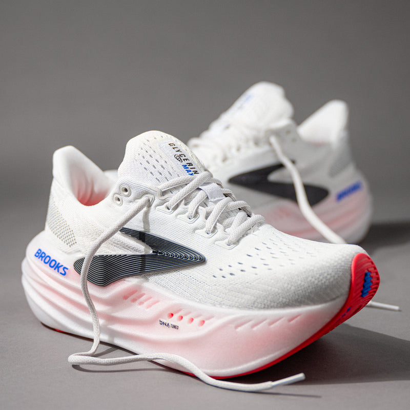 Front view of the Women's Brooks Running Glycerin Max in White/Black/Diva Pink, showcasing breathable mesh upper and sleek design for road running.