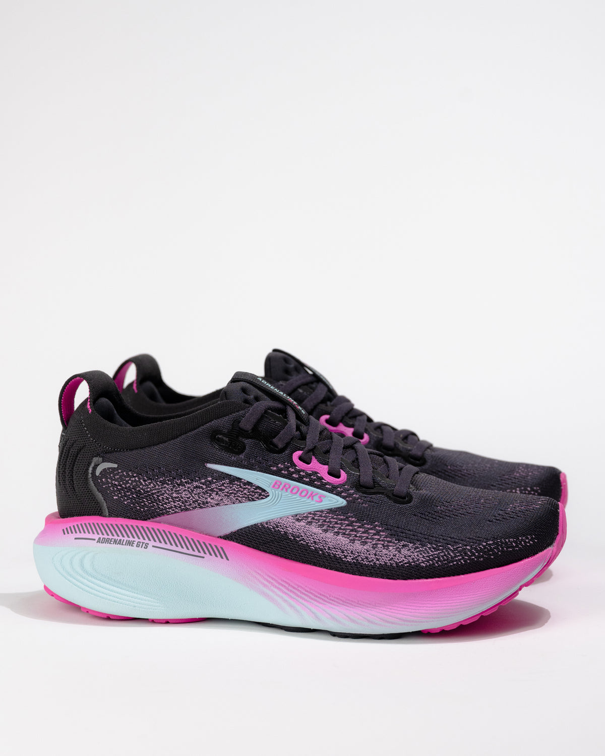 Women’s Brooks Adrenaline GTS 25 in Black/Pink – medial side showing breathable mesh upper and GuideRails® support system