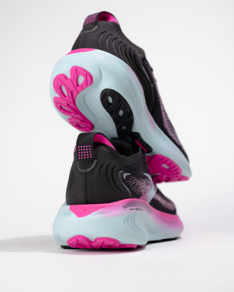 Rear view of Brooks Adrenaline GTS 25 in Black/Pink highlighting heel counter stability and branding