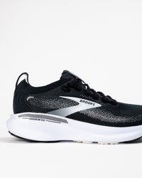 Detail back side view of the Women's Brooks Adrenaline GTS 25 running shoe in Black/White showing logo and upper mesh texture.