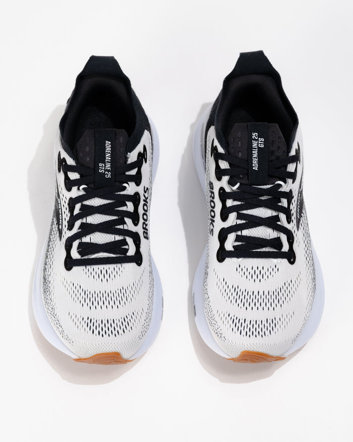 Top-down view of Brooks Adrenaline GTS 25 running shoes showing laced black tongue, breathable mesh upper, and cushioned collar.