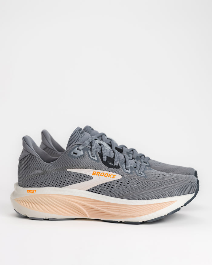 Women's Brooks Ghost 18 Road Running Shoe in Grey / Morganite / Coconut