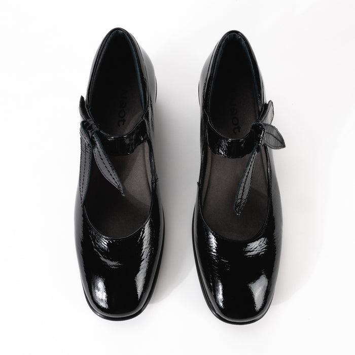 Top-down view of the Nobility Mary Jane in black patent leather, displaying the inner sole's padding and detailing, along with the classic rounded toe design.