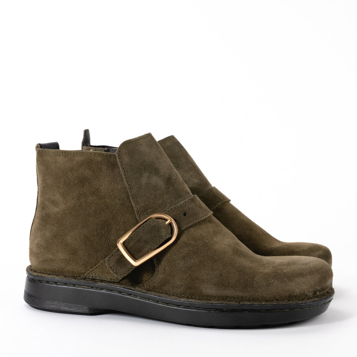 Side detail view of the Kolmer Ankle Boot from Naot in sueded leather featuring stylish metal buckle and 1.25" slip-resistant polyurethane sole ensures durability and stability.