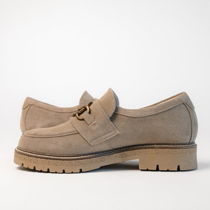 Side profile view of the Fremont loafer by Naot, featuring a sturdy rubber heel and soft suede upper